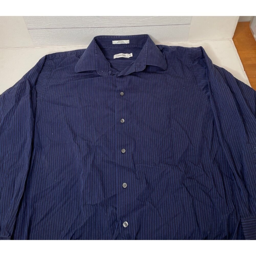 Calvin Klein Mens Blue Striped Long Sleeve Button Up Dress Shirt Size 16.5 32-33